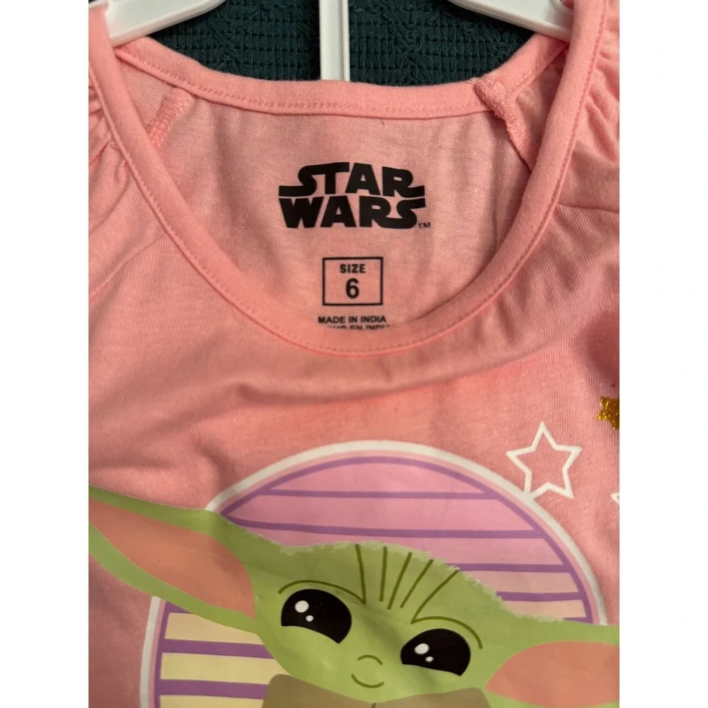 Star Wars Mandalorian Grogu Baby Yoda Pink Tunic & Star Shorts Set Girls Size 6